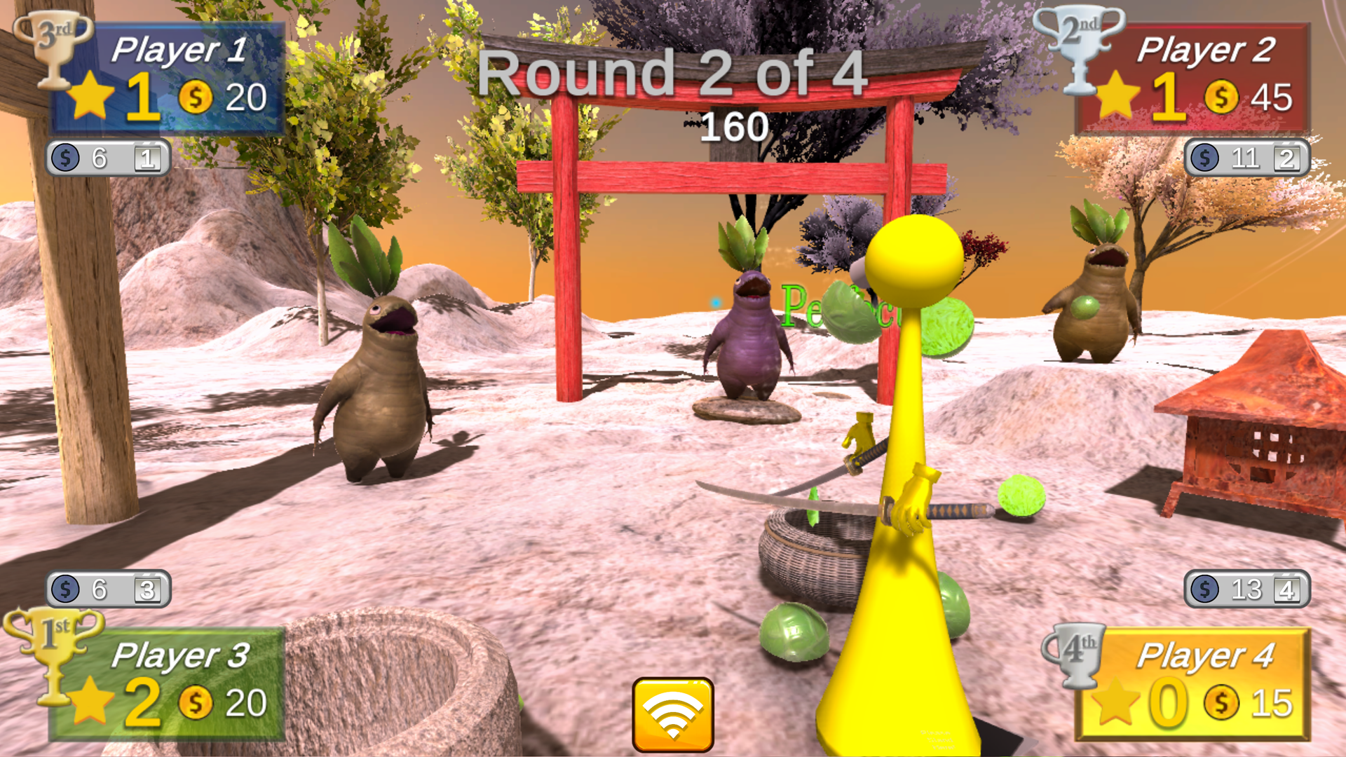 Slicing vegetables in Salad Samurai, a minigame in VR Party Club
