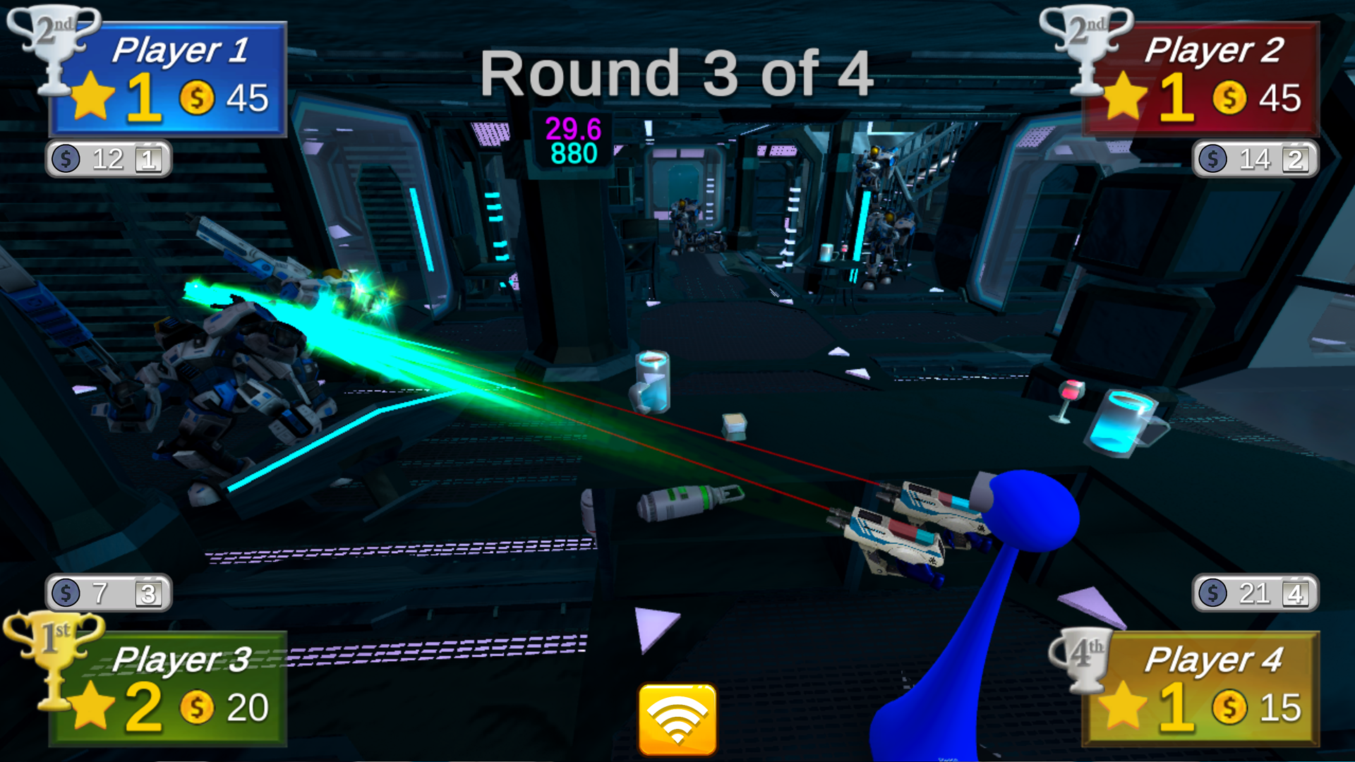 Shooting bad guys in space in the VR Party Club minigame Space Shootout